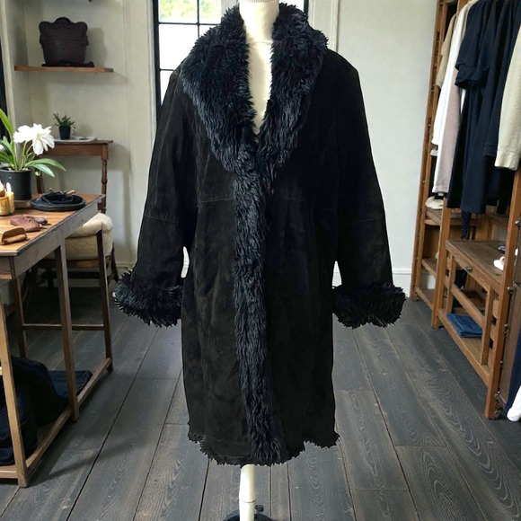 Wilsons Leather Jackets & Blazers - Wilsons Suede Penny Lane Coat XXL Black Faux Shearling Trim Longline